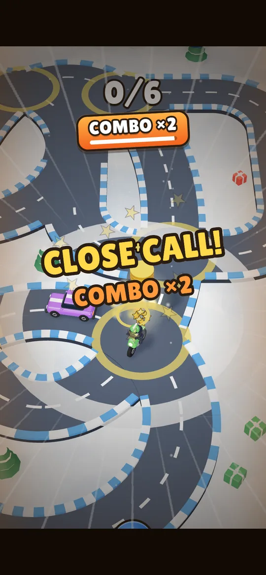 The camera swoops in as a car and a bike pass within a hair: Close call, combo two