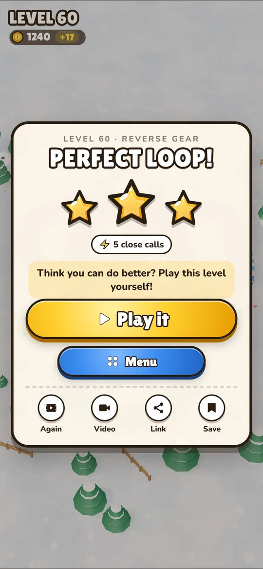 The win card: Perfect loop, three stars, five close calls
